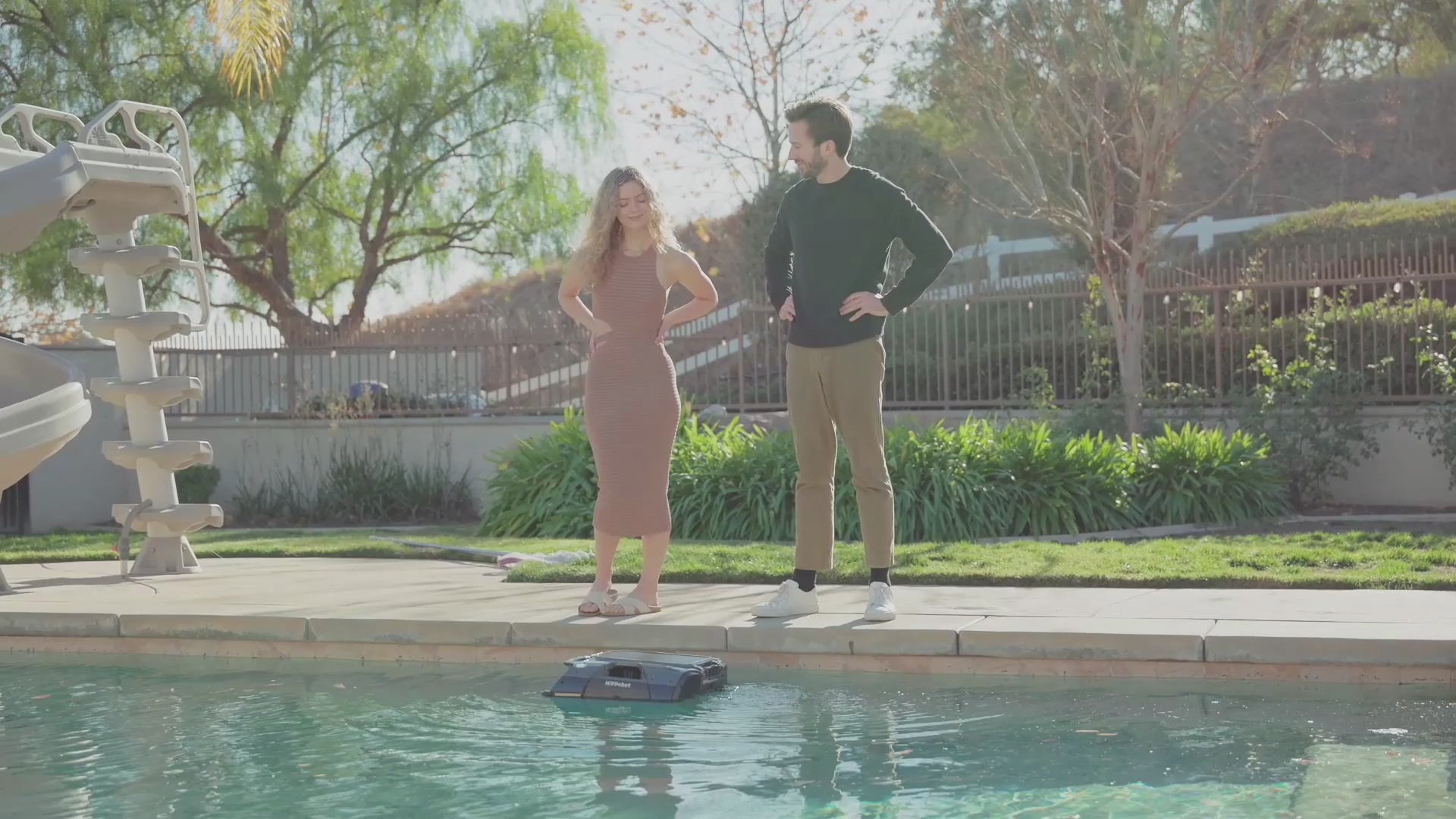 Load video: Hippobot H1 robotic pool skimmer autonomously cleaning a swimming pool with AI and ultrasonic sensors